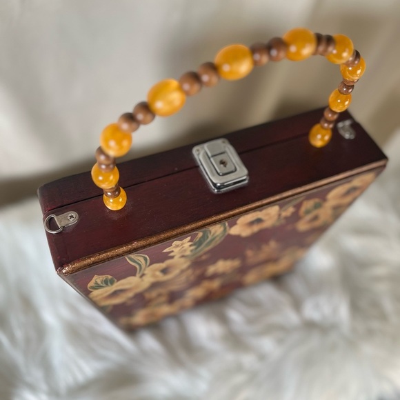 Floral Wooden Handbag with Beaded Handle - Picture 3 of 13